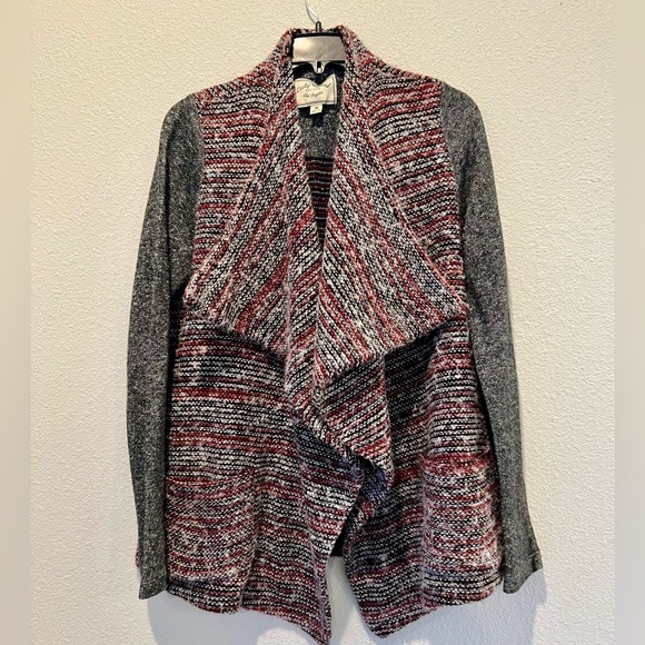 Lucky Brand Red Black Tweed Waterfall Open Cardigan Exaggerated Collar Pockets M - Picture 2 of 8